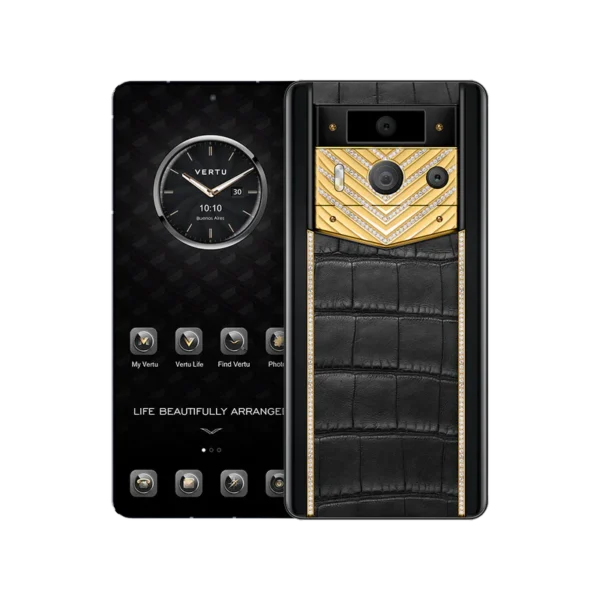 METAVERTU 2 LUXURY CUSTOM-MADE GOLD V-SHAPED WITH DIAMONDS ALLIGATOR SKIN WEB3 AI PHONE BLACK